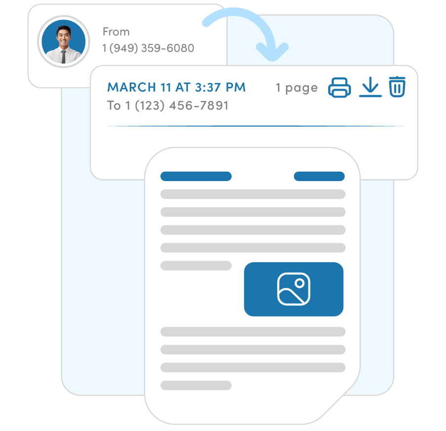 Virtual faxing workflow showing electronic document transmission