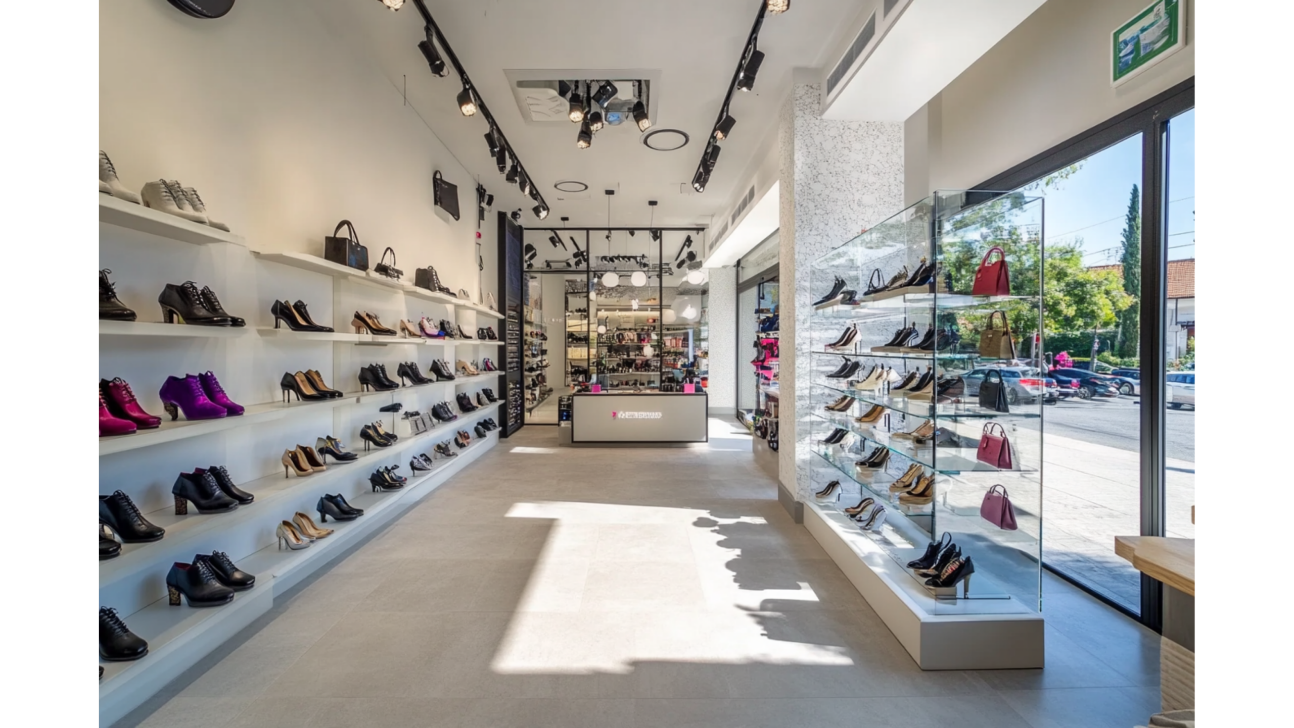 Colorful shopping bags and vibrant retail storefront with bold artistic colors