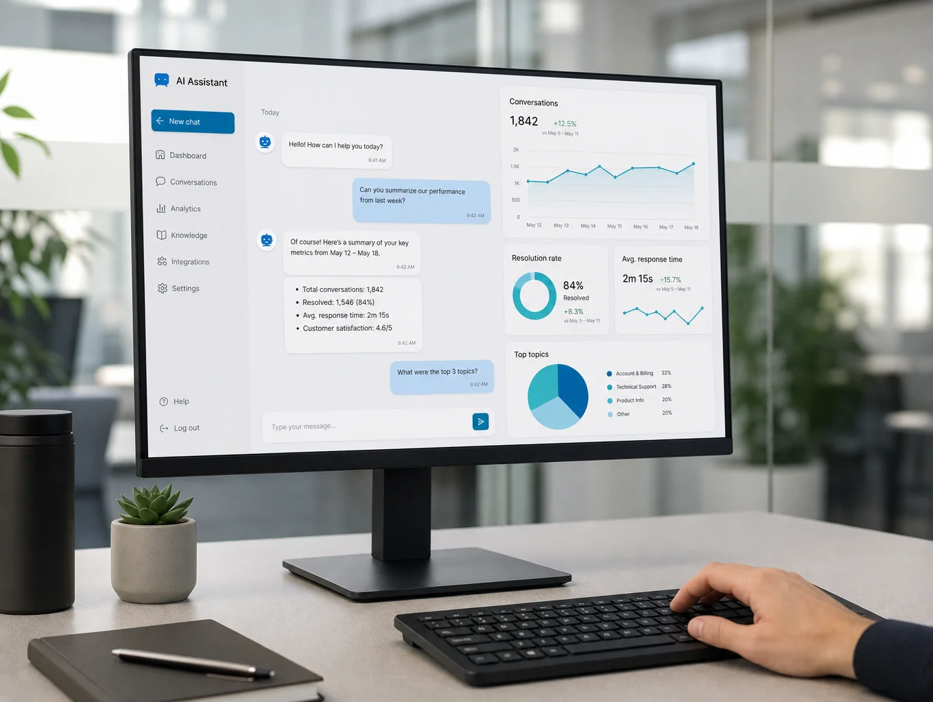 Microsoft Teams interface mockup integrated with an active voice AI agent waveform