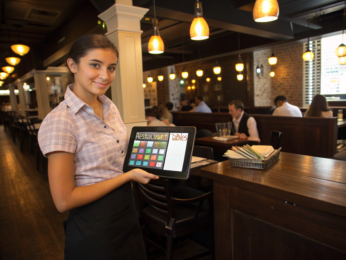 Restaurant staff member with interactive voice AI assistant phone overlay graphic